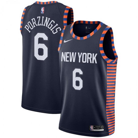 New York Knicks Kristaps Porzingis 6 2018 2019 Nike City Edition Navy NBA Jersey Swingman